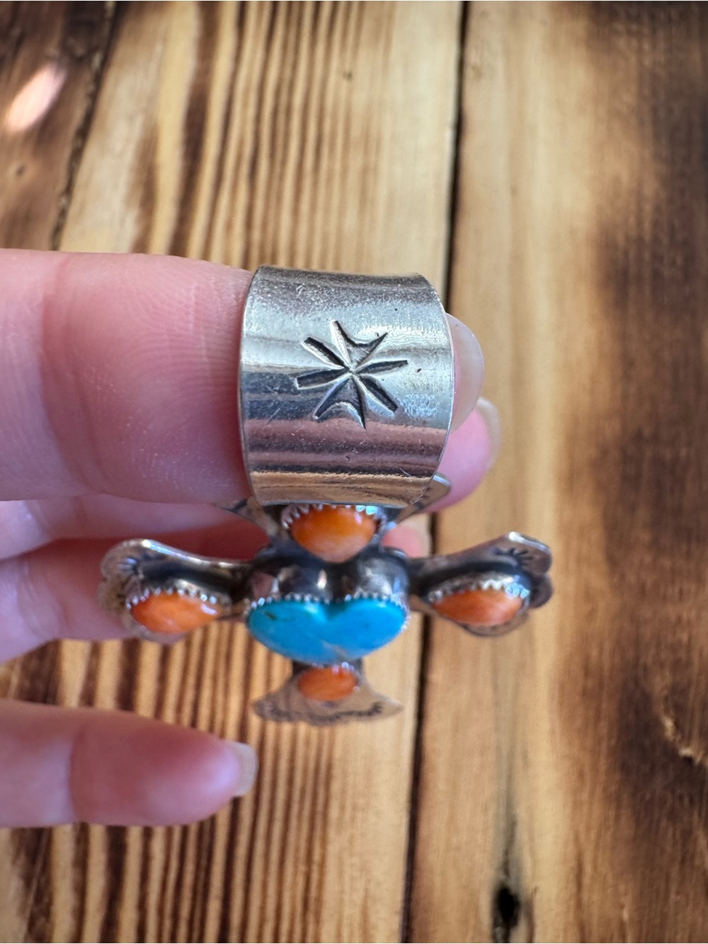 Sterling Cross Pendant with Turquoise Heart and Orange Spiny Accents - Picture 4 of 7